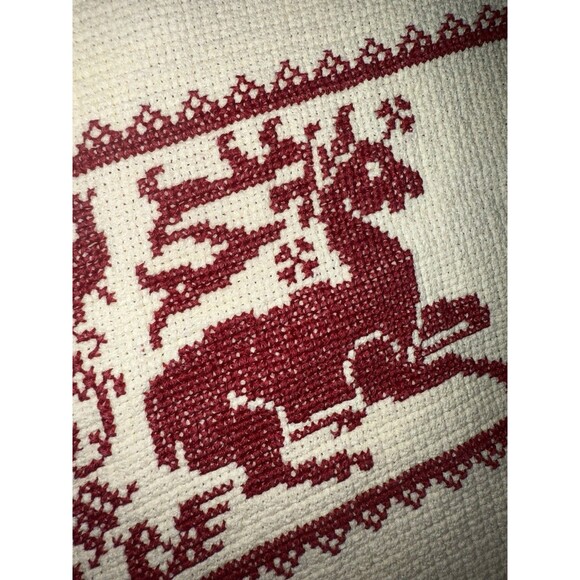Vintage Christmas Tablecloth Nordic Red Cross Stitch 116x65” Cream Holiday Folk - Picture 8 of 16
